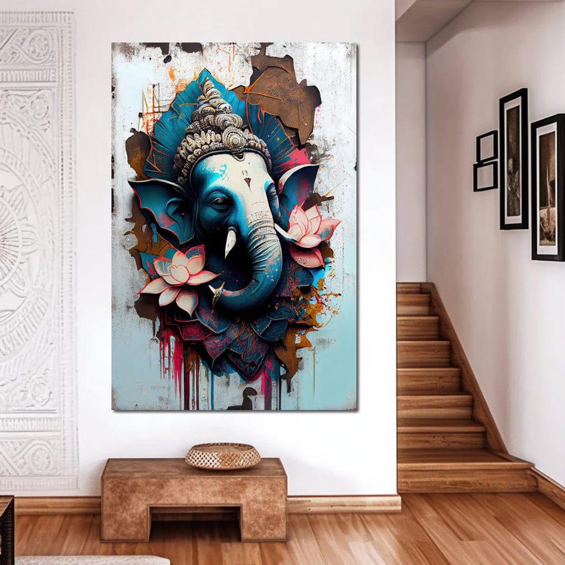 Blue Ganesha Elephant God Graffiti Style Pink Lotus Wall Art Poster - Image 2
