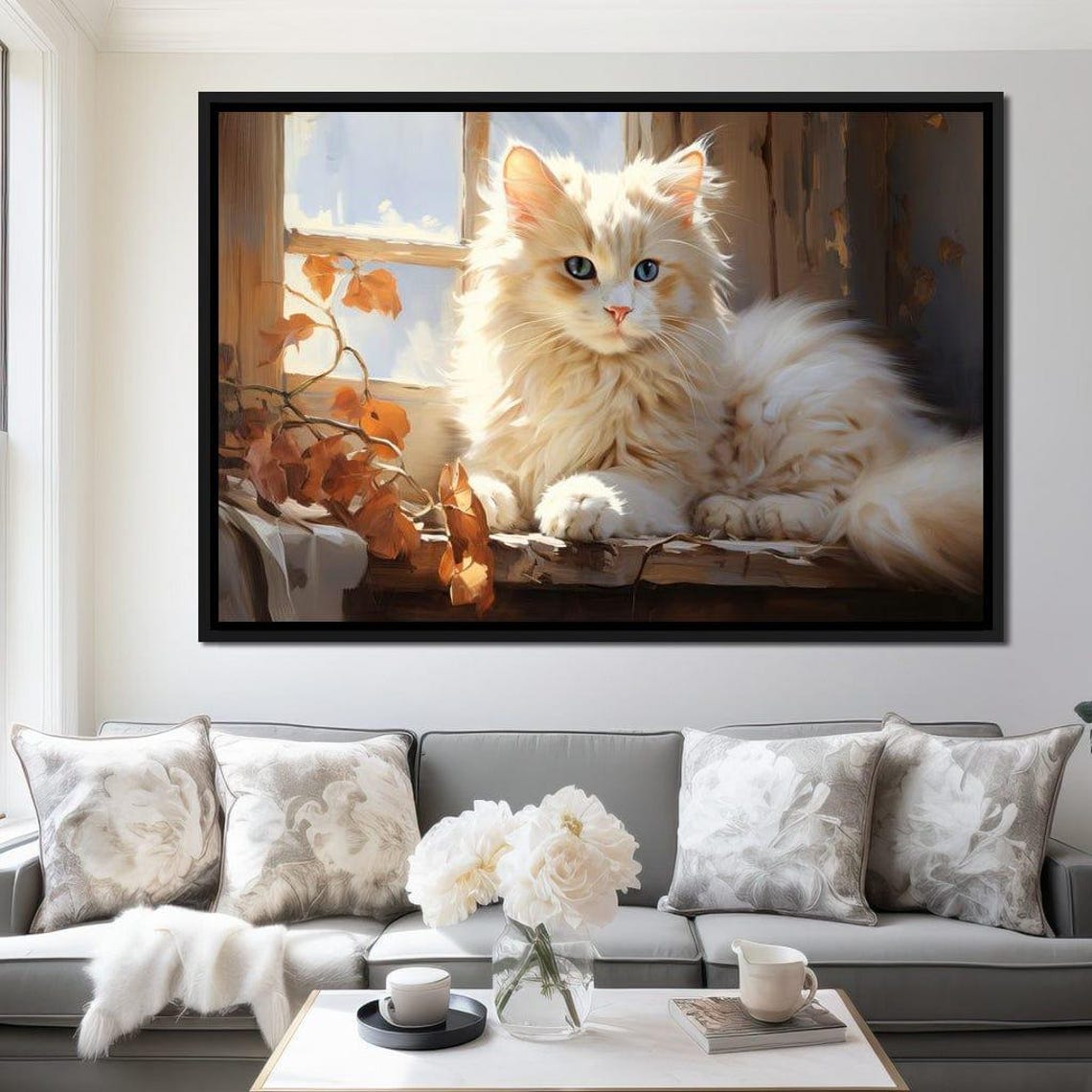 Fluffy Cream Cat Blue Eyes Autumn Sunlit Windowsill Cozy Art Print - Image 3
