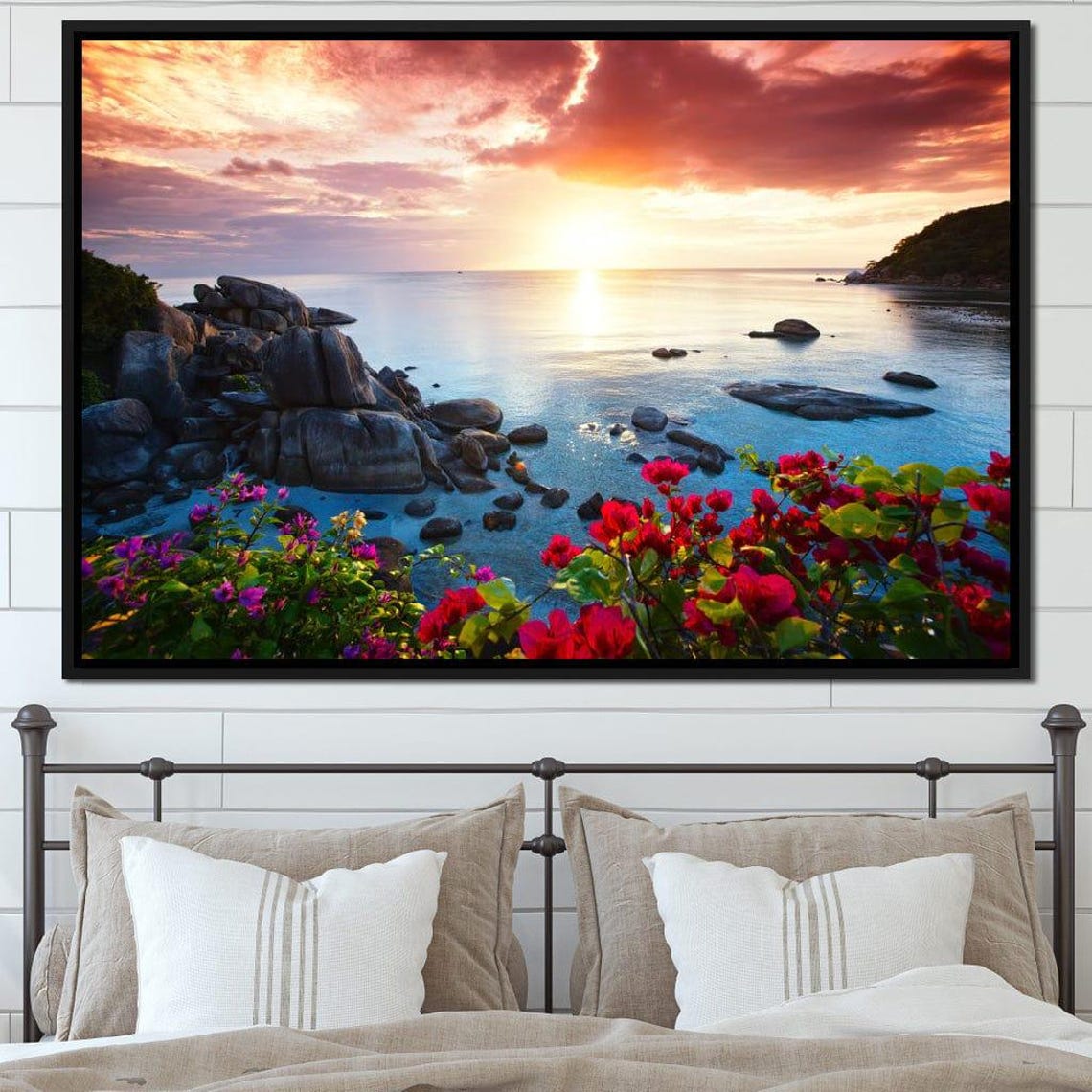 Rocky Tropical Beach Sunset with Bougainvillea Flowers Seascape Poster