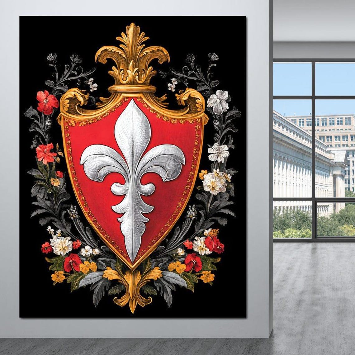 Red Heraldic Shield with White Fleur De Lys and Floral Wreath Poster