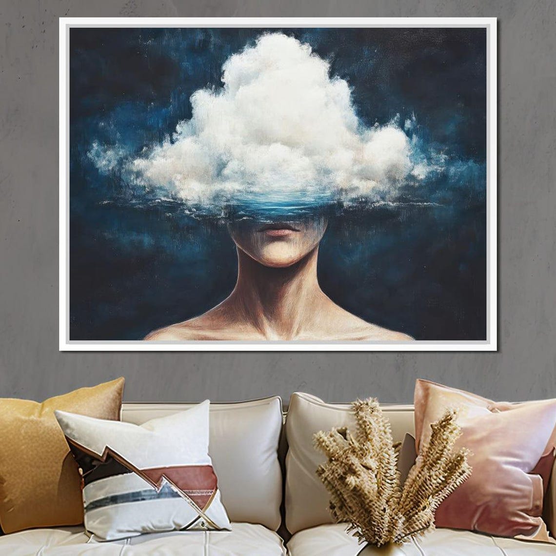 Woman With Cloud Head Emerging From Dark Blue Sea Surreal Art Poster