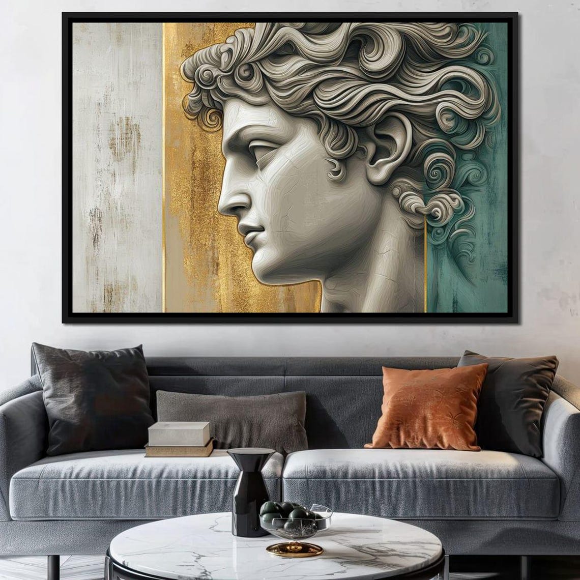 Classical Statue Profile Gold White Teal Modern Sculpture Wall Art - Image 4