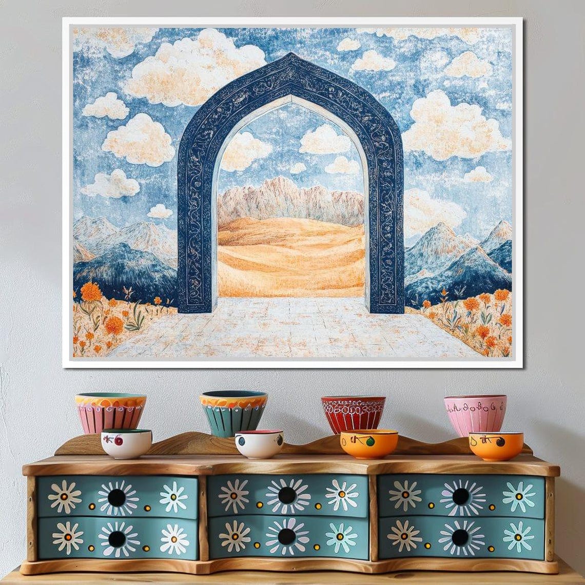 Blue Mosaic Arch Framing Golden Dunes Mountains And Cloudy Sky Poster - Image 4