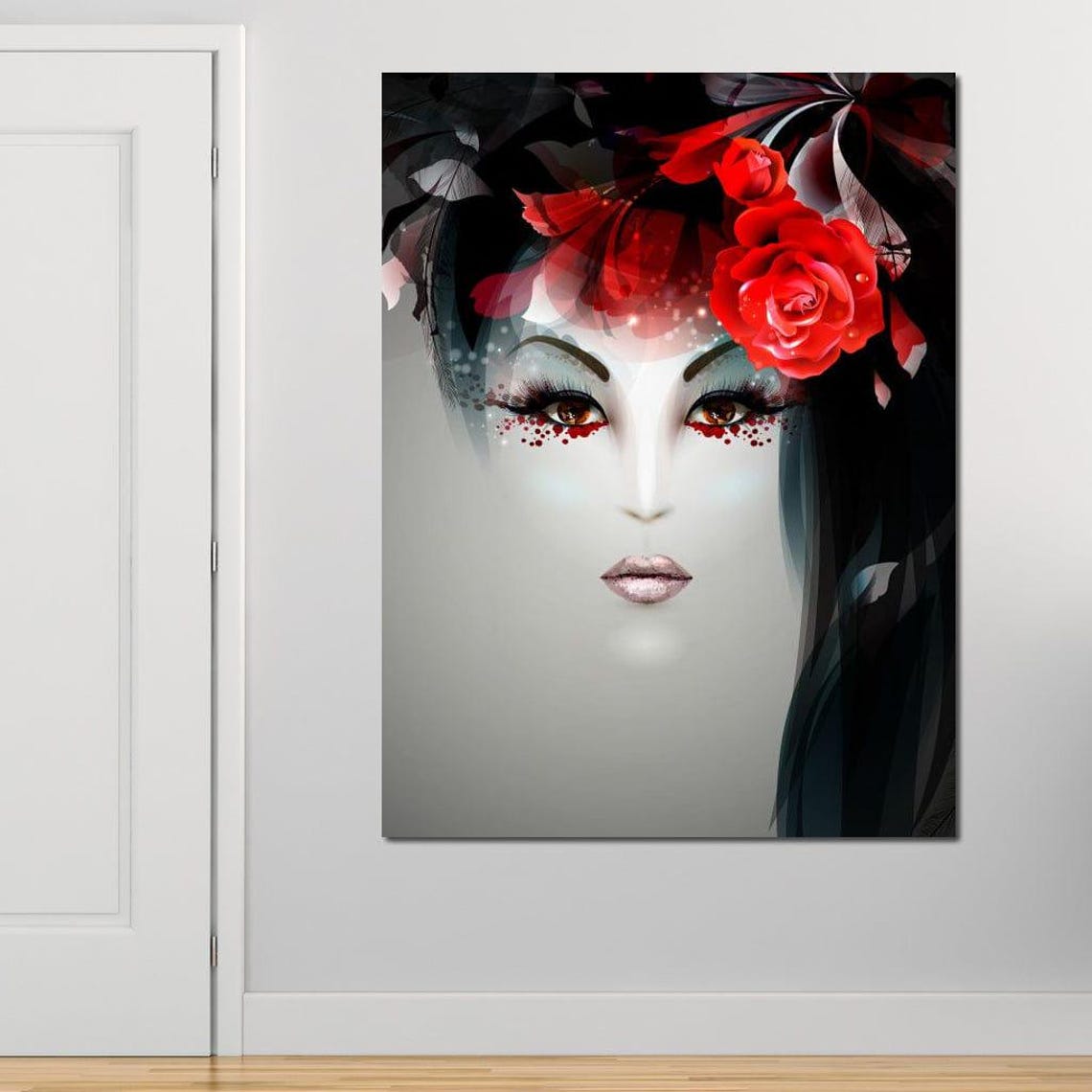 Geisha Rose Noir Dramatic Red Black Asian Beauty Portrait Wall Art - Image 3