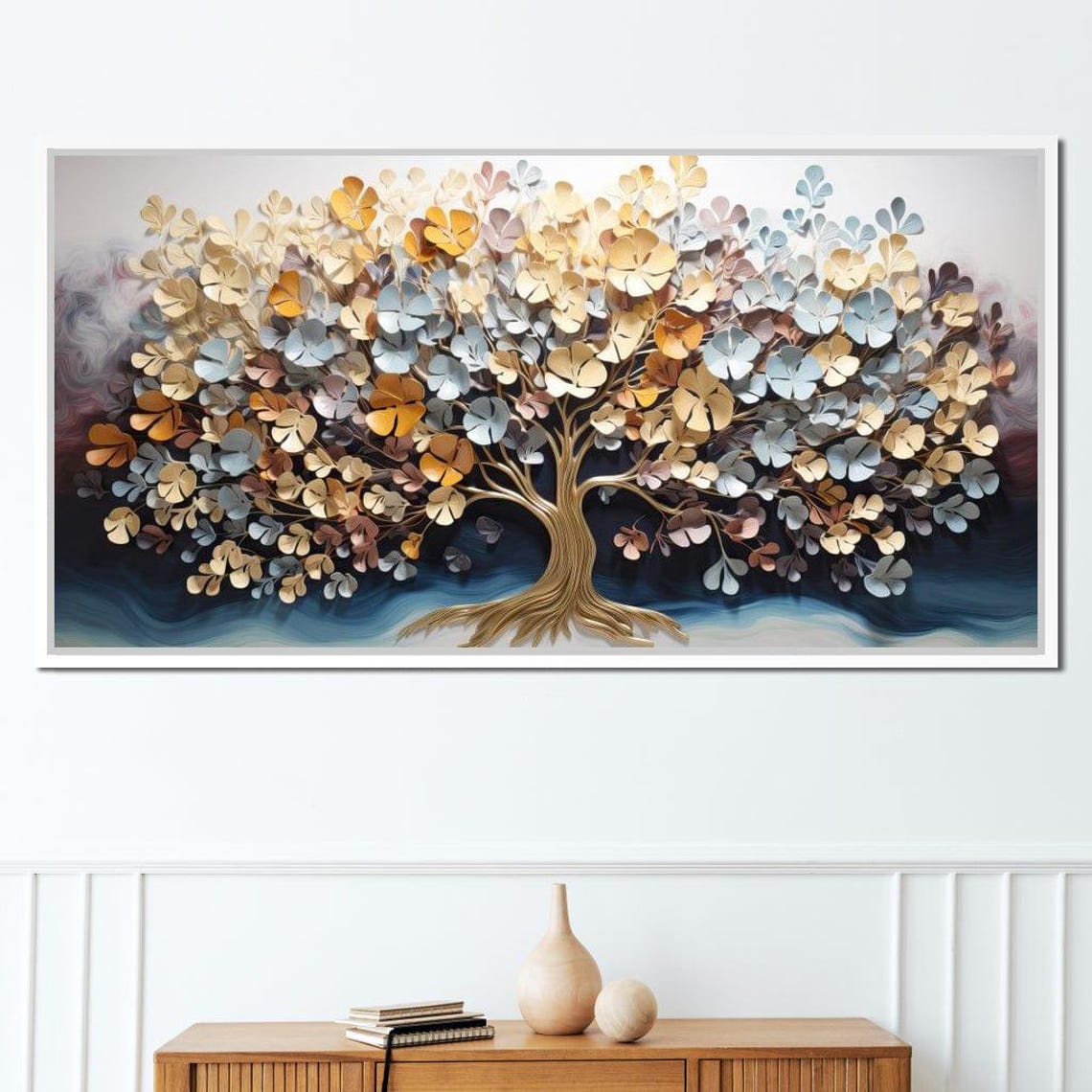 Golden Tree Of Life Pastel Blossom Leaves Panoramic Nature Wall Art