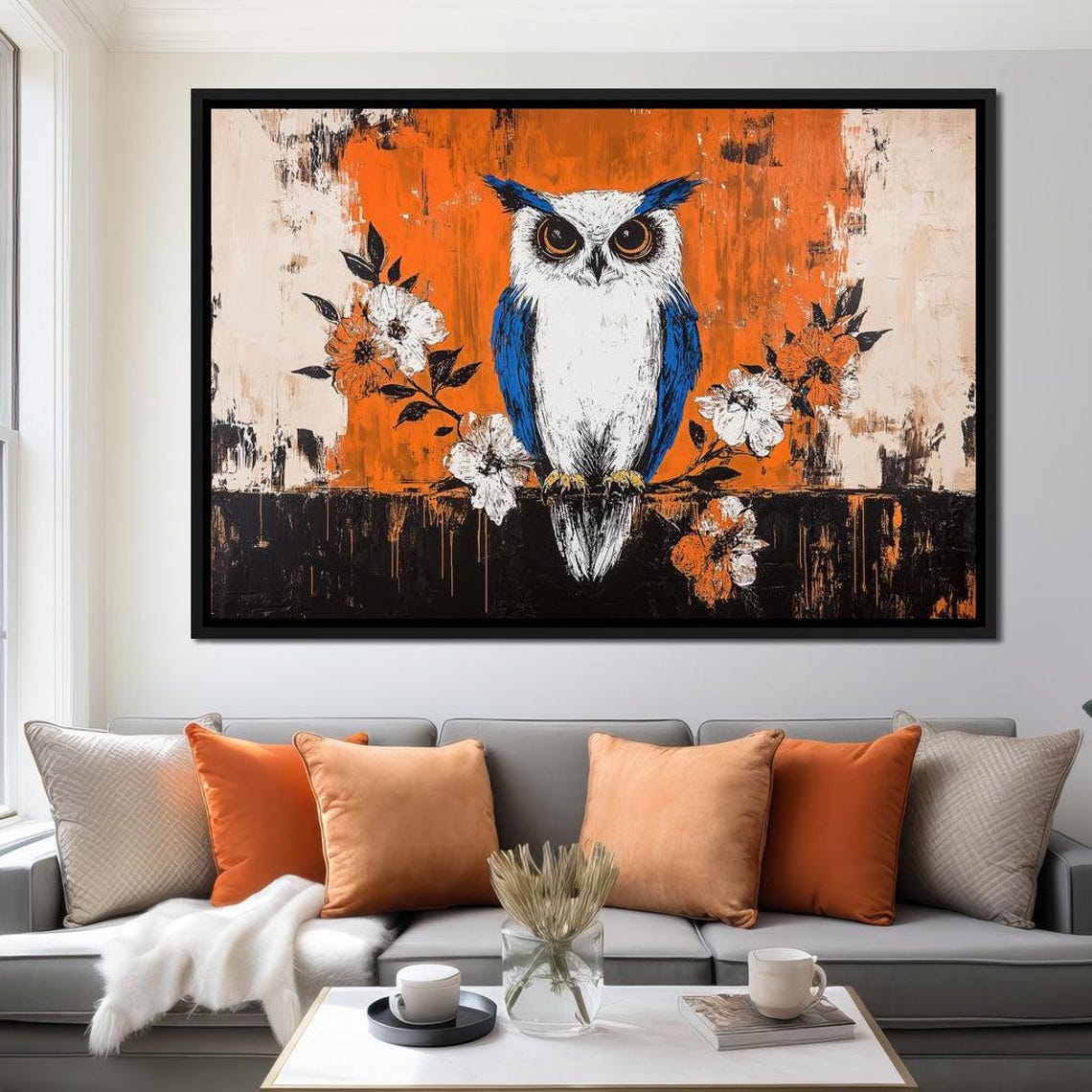 White Owl With Blue Wings Orange Blossom Floral Art Wildlife Poster - Image 3