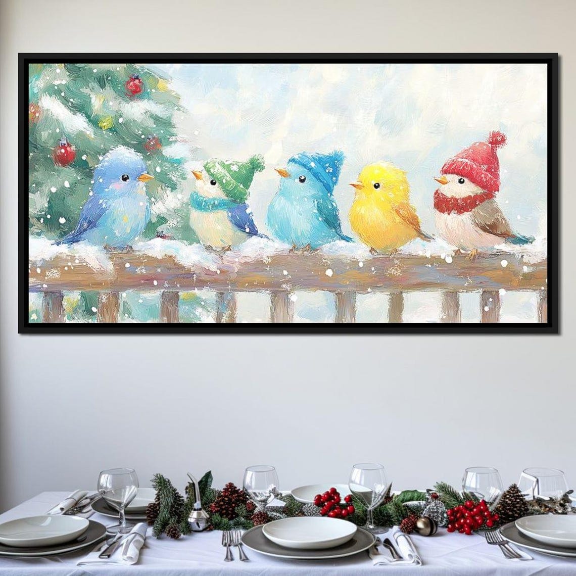 Five Colorful Birds In Knit Hats On Snowy Branch Winter Holiday Poster - Image 3