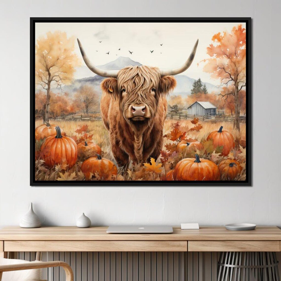 Highland Cow Among Pumpkins Autumn Farm Barn Rustic Animal Art Poster