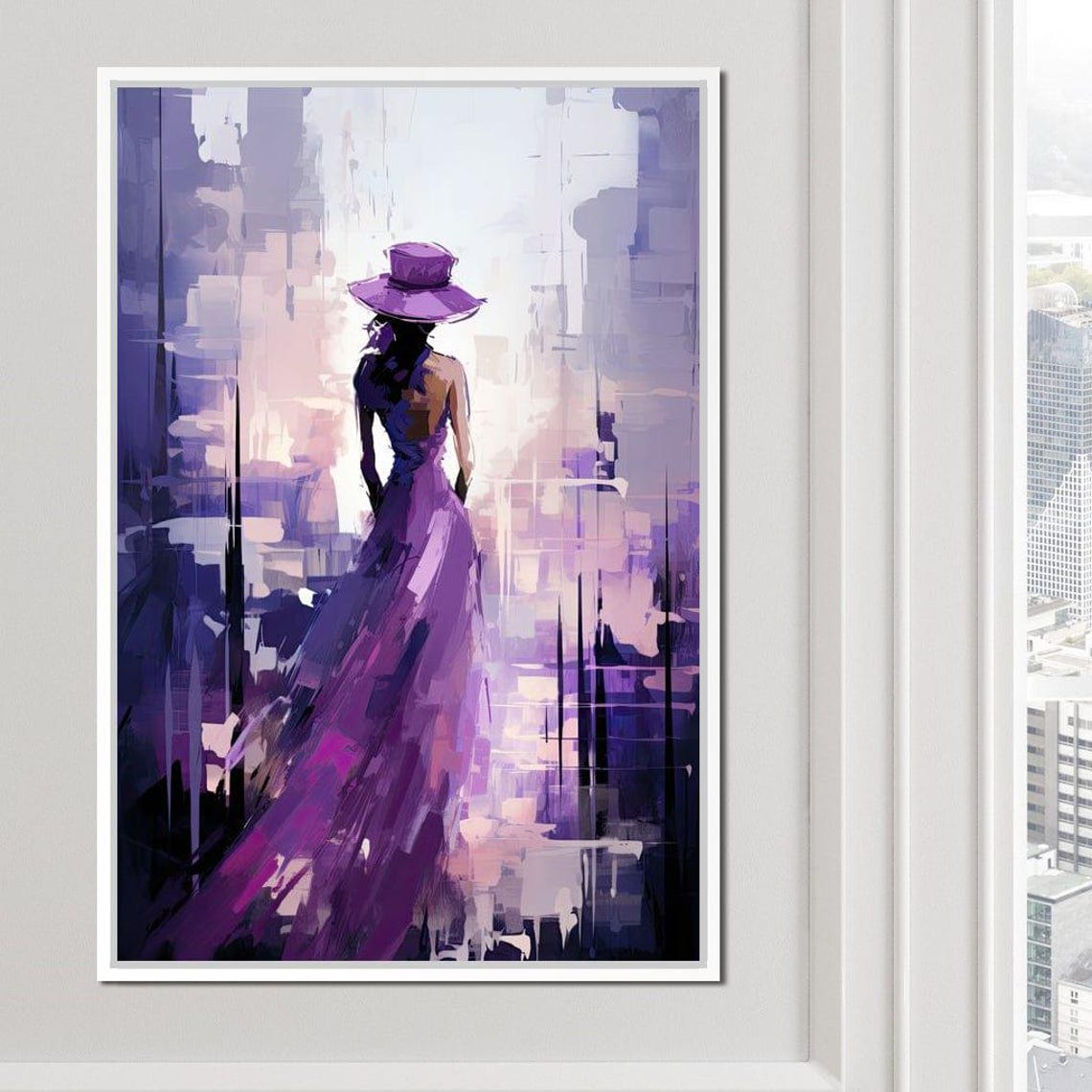 Violet Dress Woman City Twilight Abstract Elegant Wall Art Print - Image 2