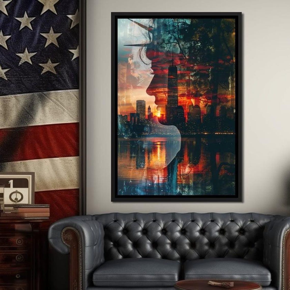 Statue Of Liberty Double Exposure NYC Skyline Sunset Reflection Poster - Image 4