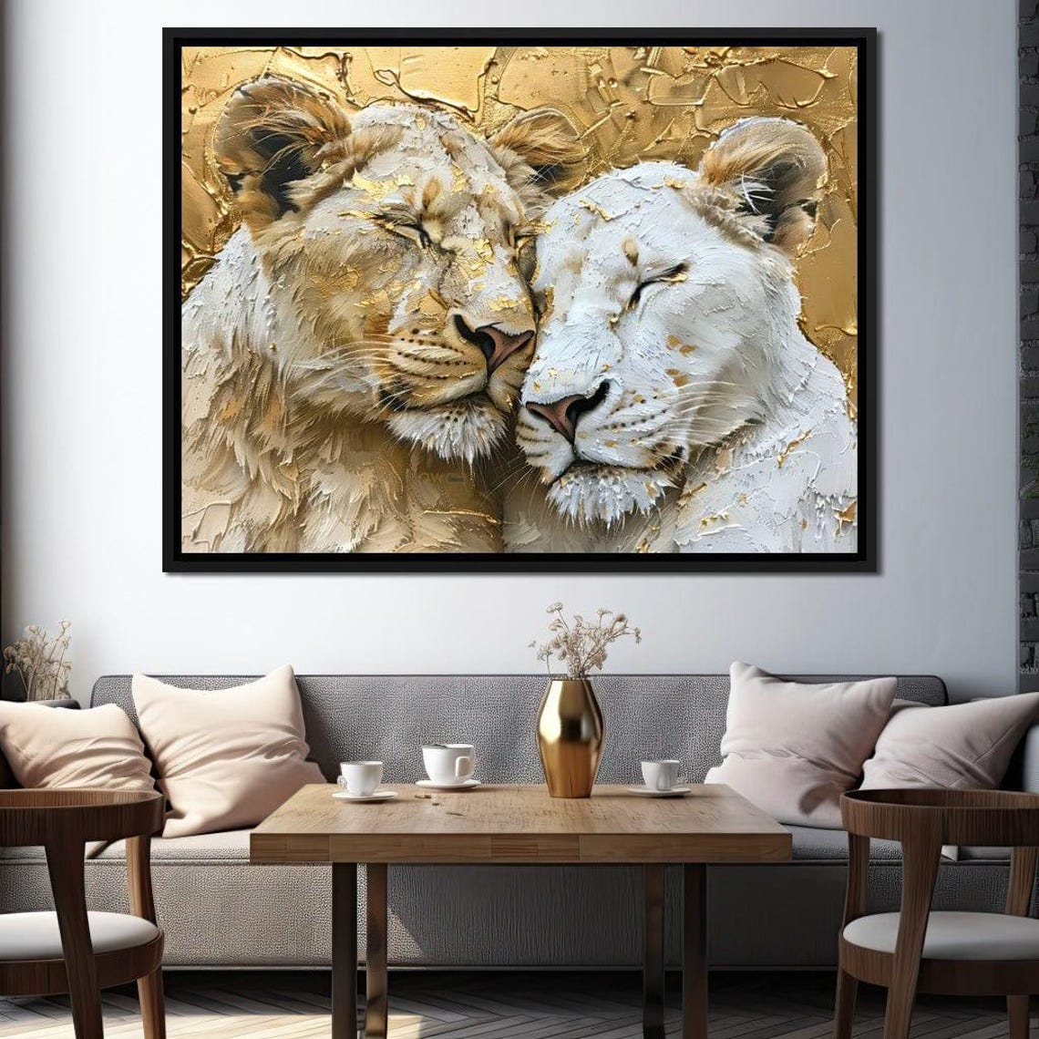 Golden Lions Nuzzling Tender Embrace Gold Leaf Wildlife Wall Art - Image 4