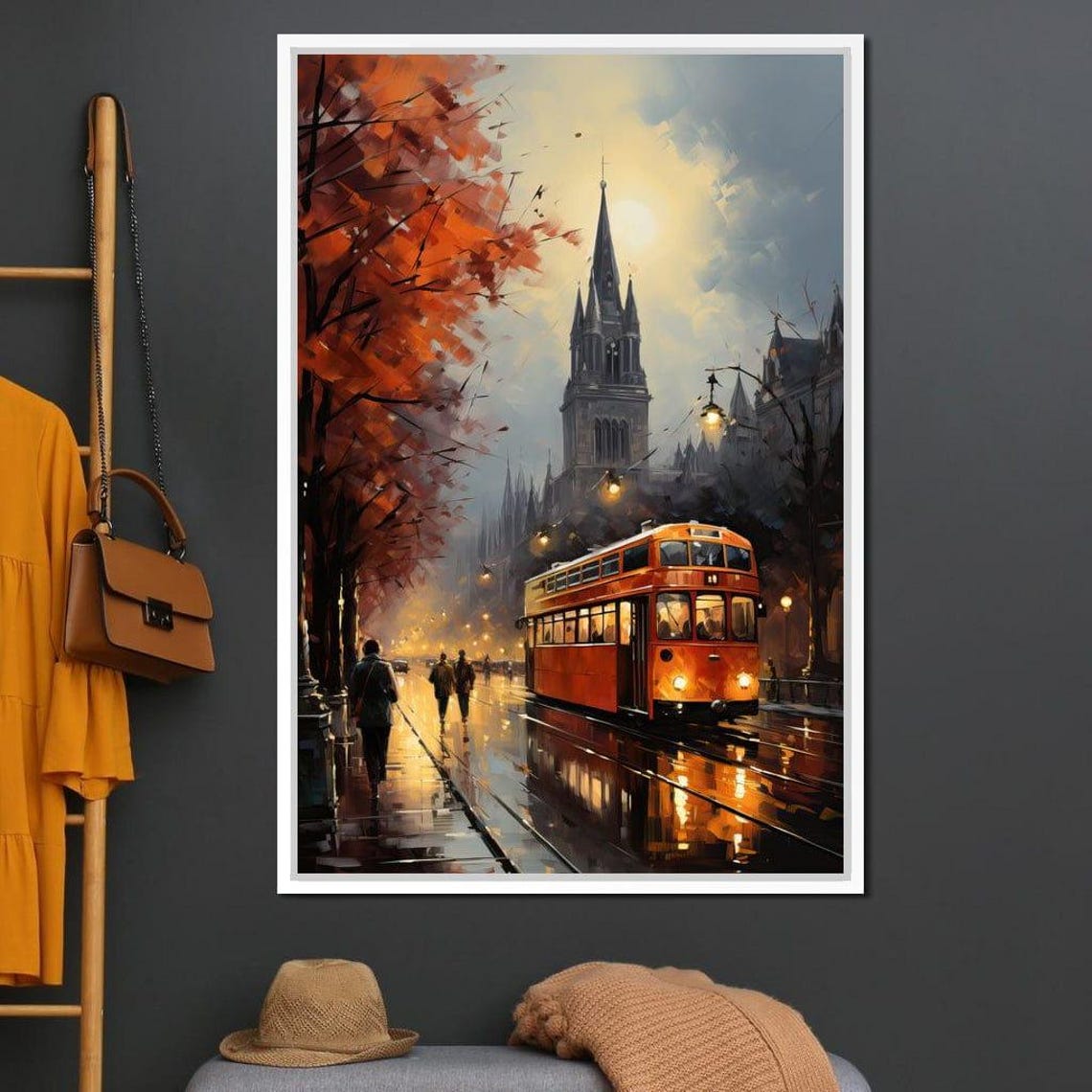 Rainy Autumn Evening Street Red Tram Vintage European City Wall Art - Image 2