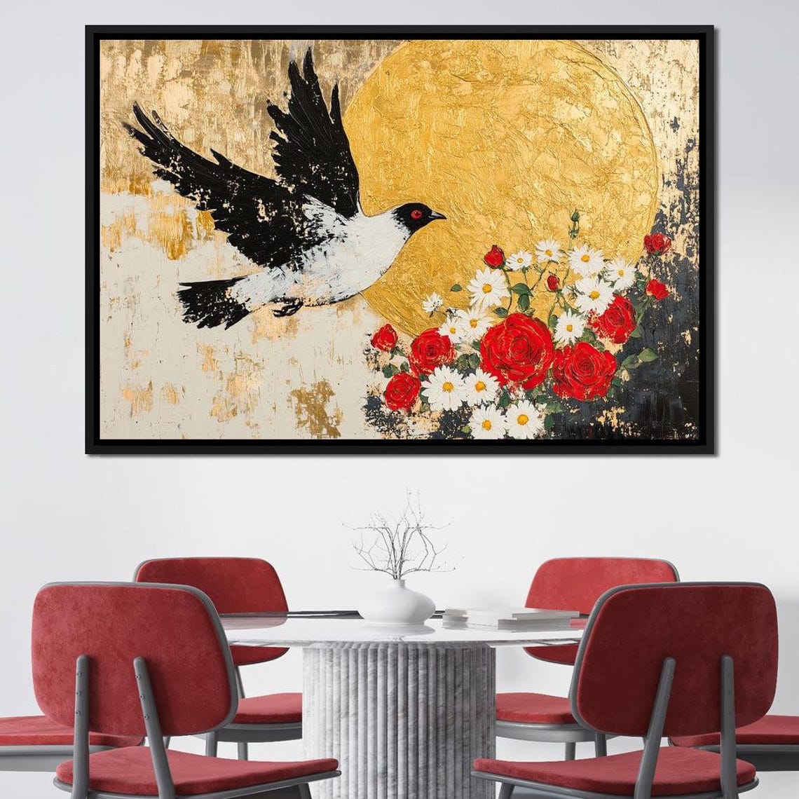 Black White Dove Gold Moon Red Roses Cream Modern Flight Bird Poster - Image 2