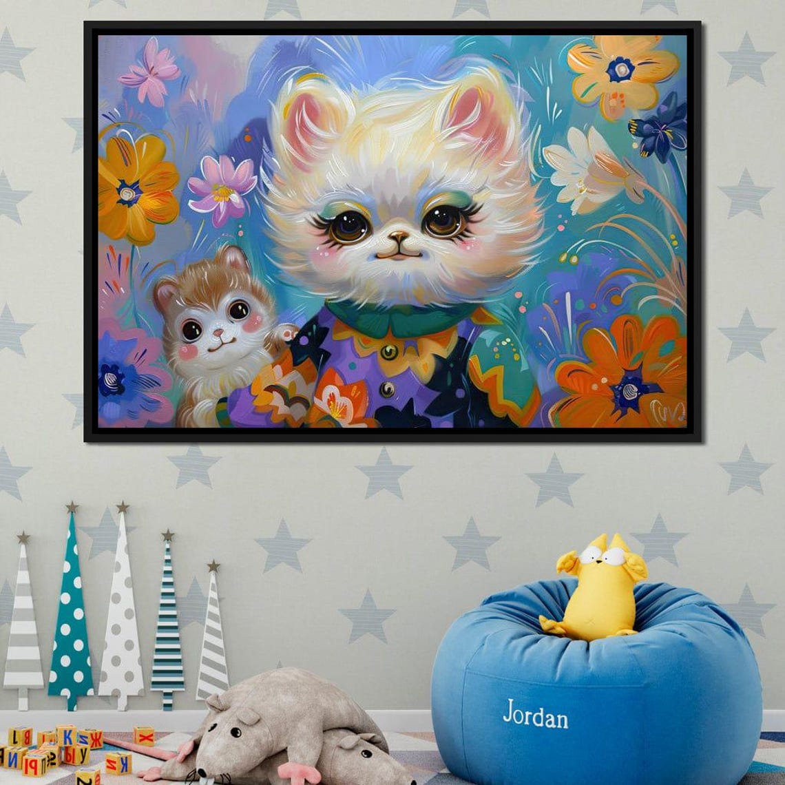 Whimsical Fluffy Cat Kitten Floral Art Print Kids Room Nursery Decor - Image 2