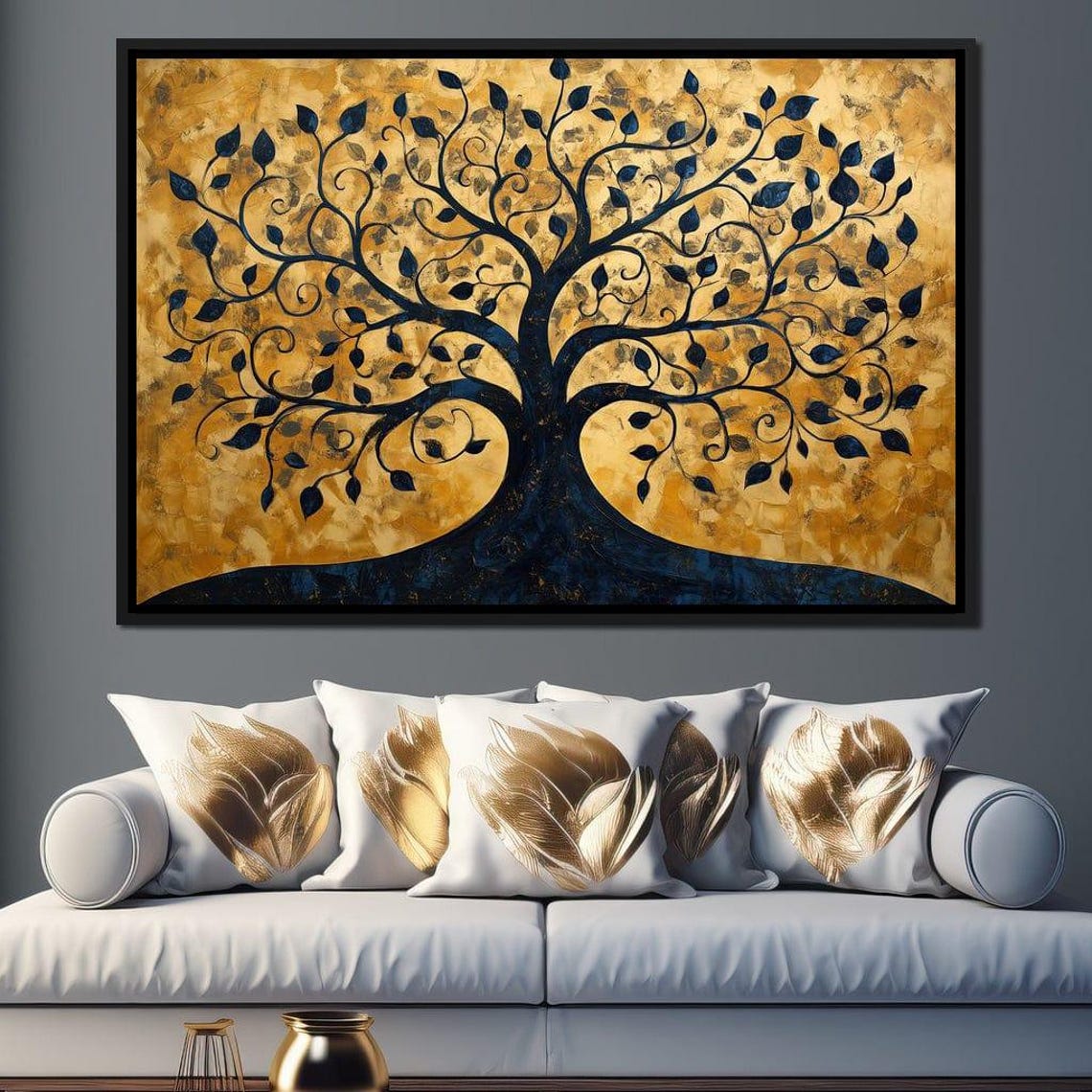 Golden Tree Of Life Navy Branches Gold Leaf Botanical Wall Art Print - Image 3