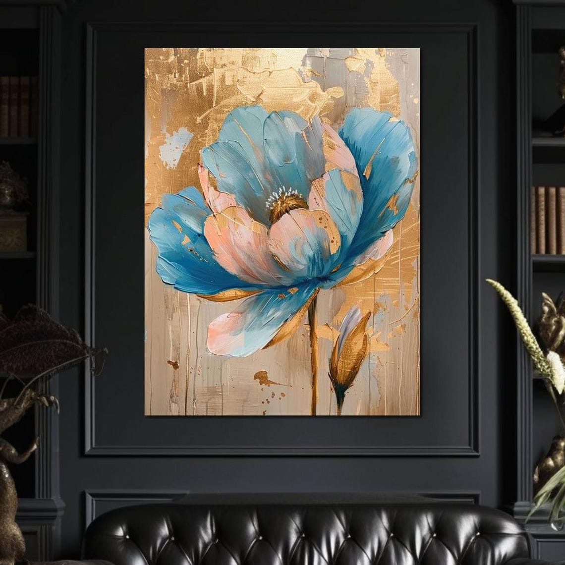 Blue Peach Poppy Flower Gold Textured Background Elegant Art Poster - Image 3