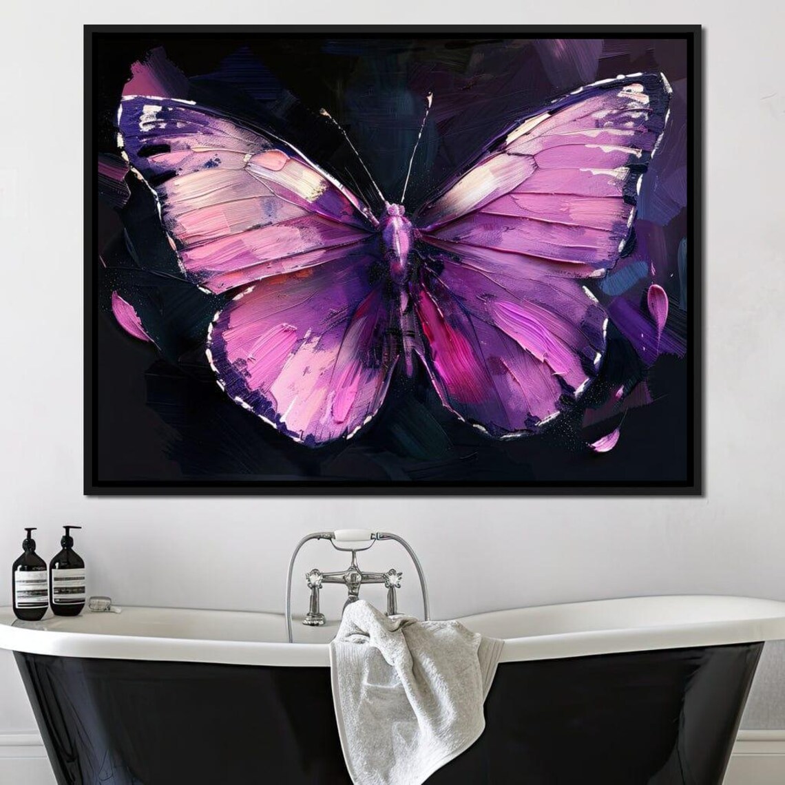 Purple Pink Butterfly Palette Knife Textured Painting Dark Wall Art