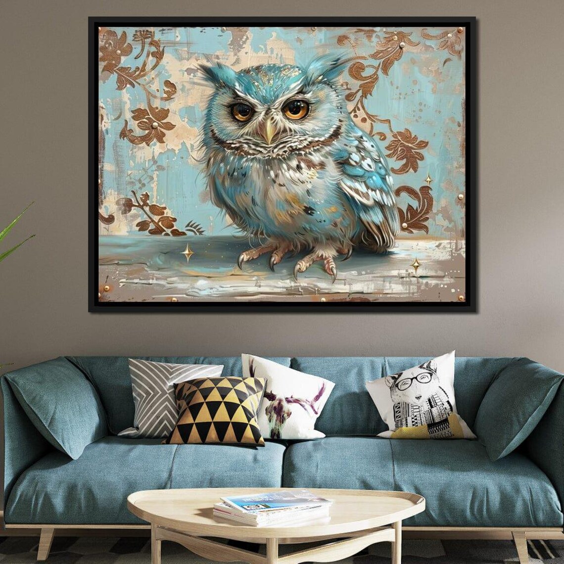 Blue Owl Vintage Teal Floral Wildlife Portrait Whimsical Wall Art