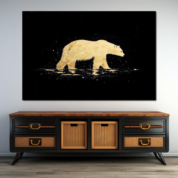 Golden Polar Bear Silhouette Black Night Minimalist Wildlife Art Poster