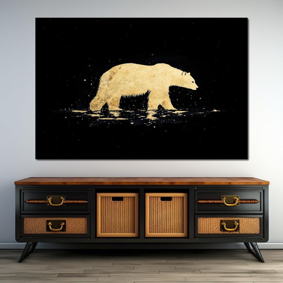 Golden Polar Bear Silhouette Black Night Minimalist Wildlife Art Poster