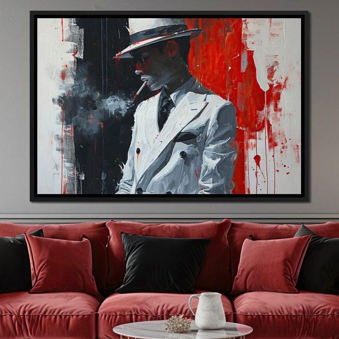 Man White Suit Fedora Smoking Cigarette Red Black Noir Portrait Print - Image 3