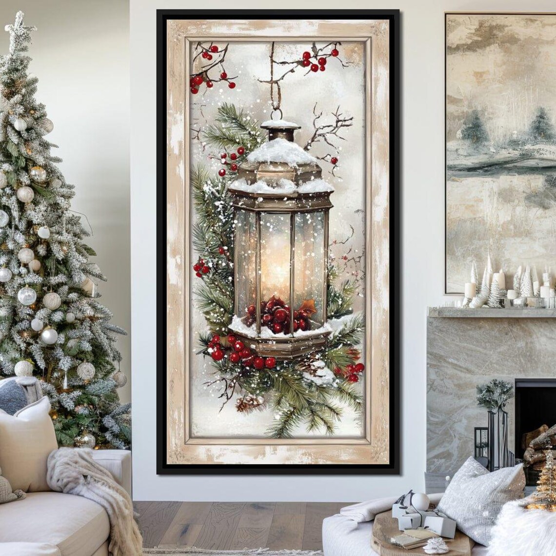 Rustic Christmas Lantern, Winter Holiday Wall Art - Image 3