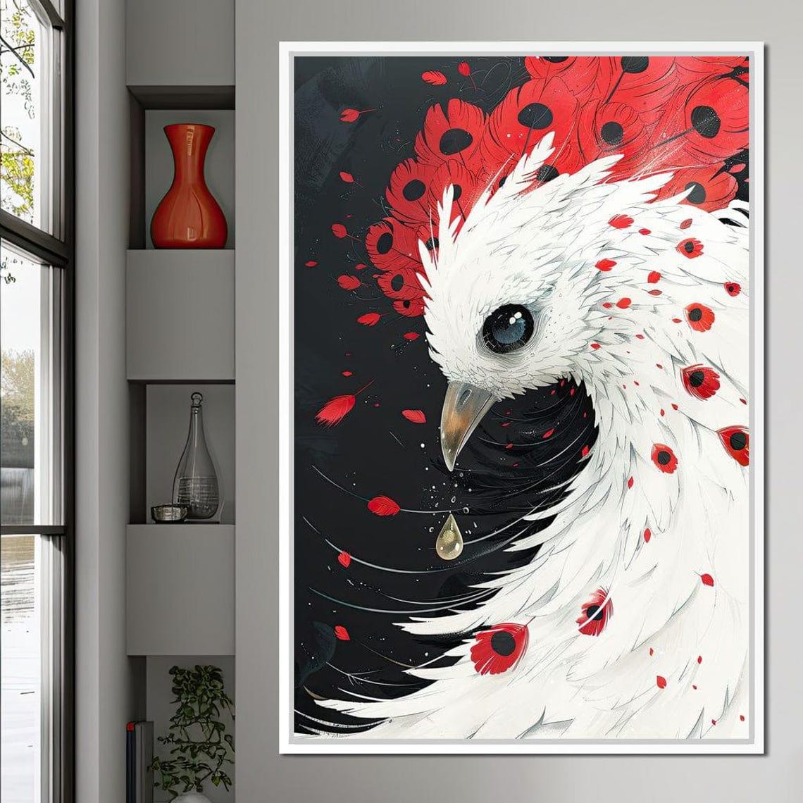 White Dove With Crimson Feathers Black Background Bird Art Poster - Image 2