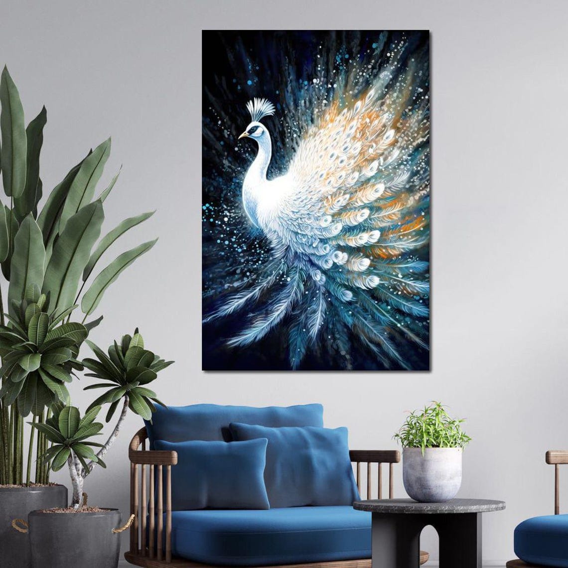 White Peacock Spread Wings Blue Gold Feathers Night Sparkle Art Poster - Image 3
