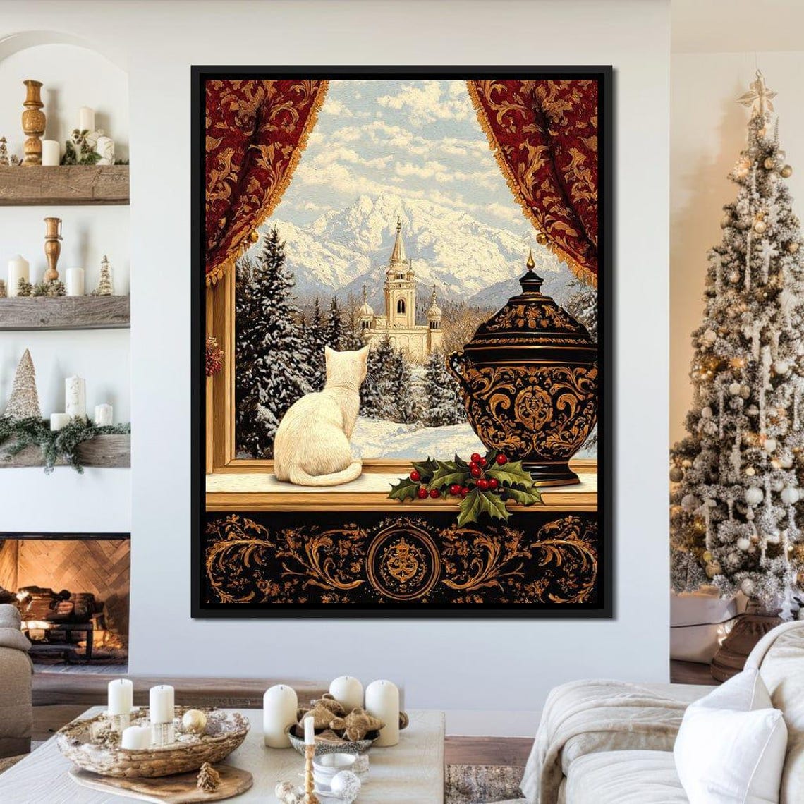 White Cat On Ornate Windowsill Overlooking Snowy Cathedral Poster