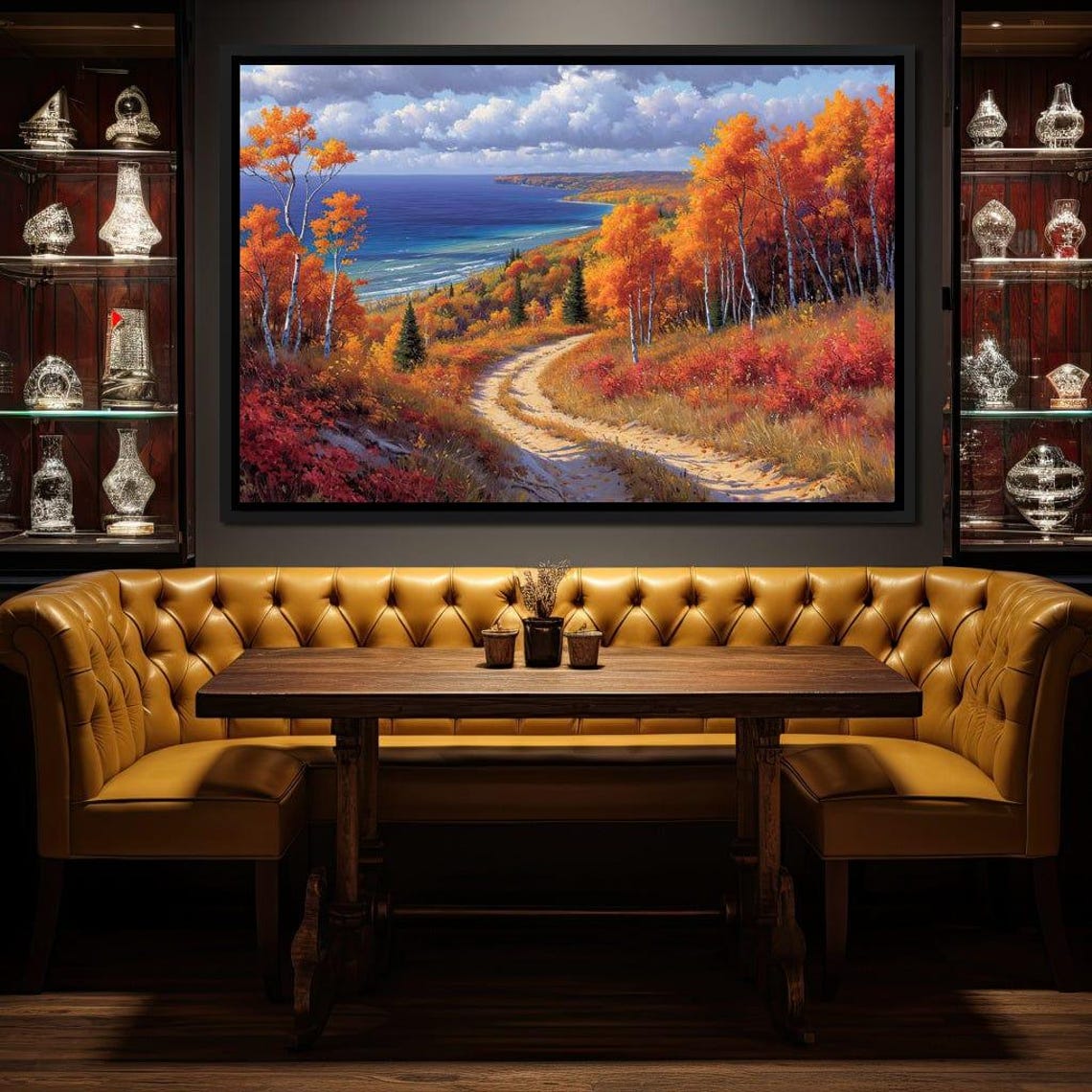 Autumn Birch Forest Path Blue Bay Five Panel Fall Travel Poster - Image 3