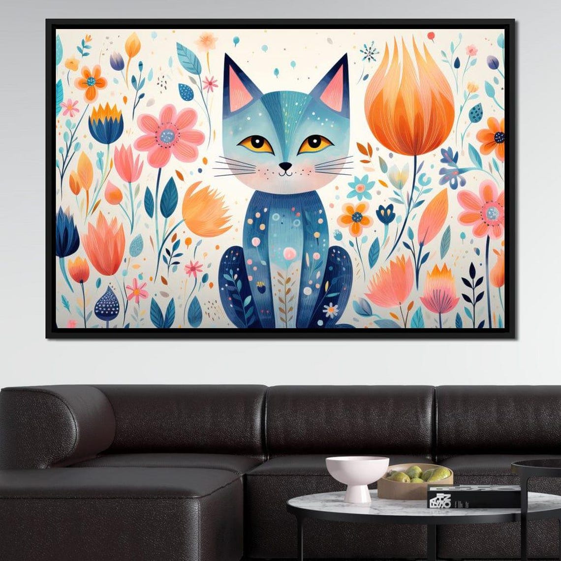 Whimsical Blue Cat Among Colorful Folk Flowers Kids Wall Art Poster - Image 3