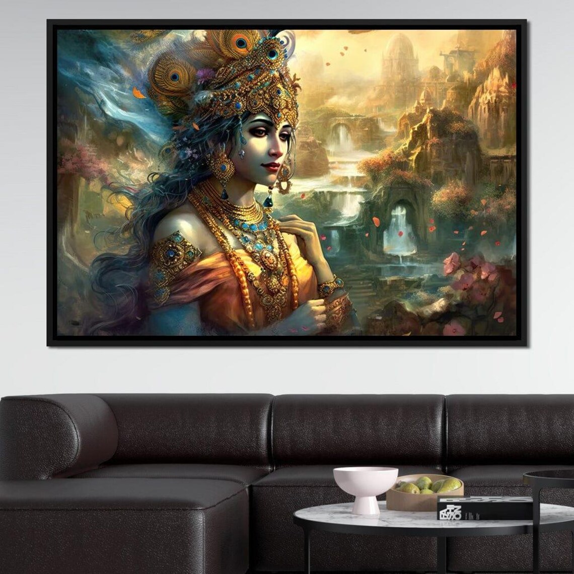 Hindu Goddess Peacock Crown Waterfall Temple Garden Divine Painting Print - Image 4