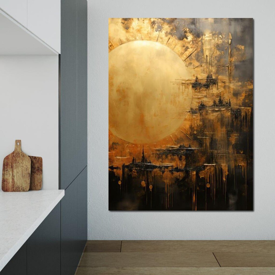 Golden Moon Dark City Drip Framed Modern Abstract Wall Art Poster - Image 3