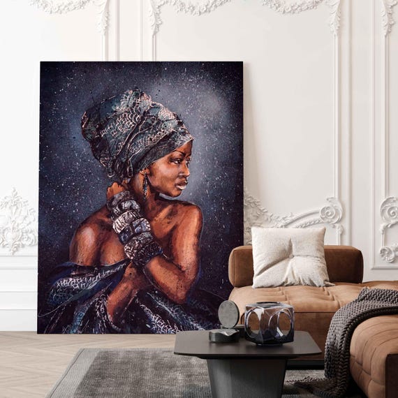 Under The Stars Female Wall Art African Art Portrait Painting Night Sky Decor Elegant Home Decor By Nichecanvas
