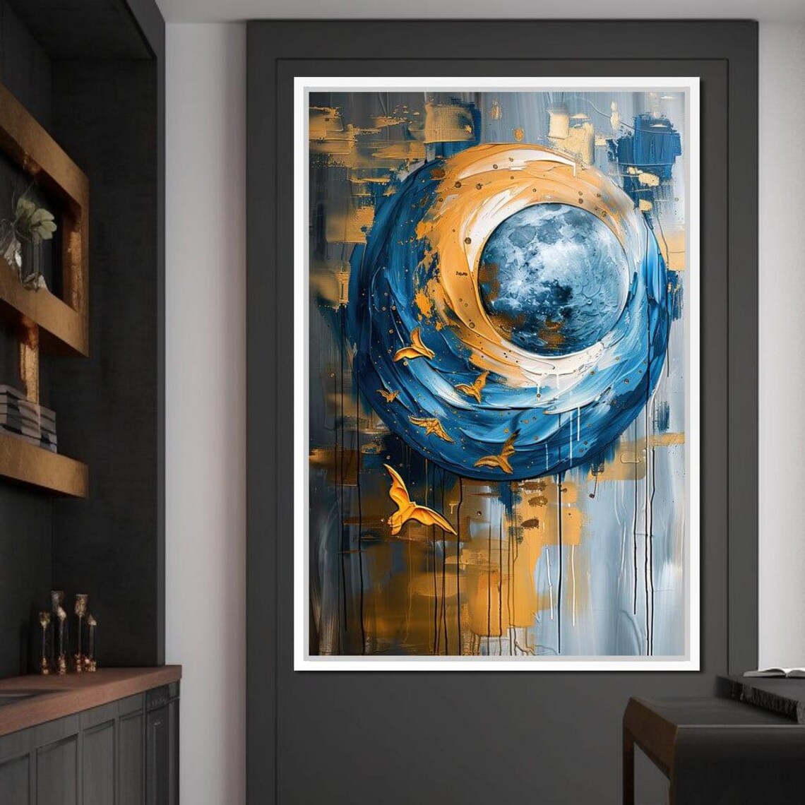 Celestial Blue Gold Moon Abstract Art Cosmic Vortex Golden Birds Poster - Image 4