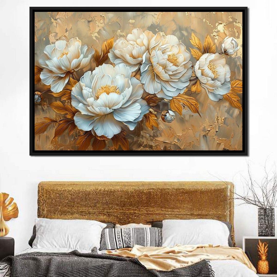 Golden White Peonies On Gold Leaf Background Floral Art Wall Poster - Image 3