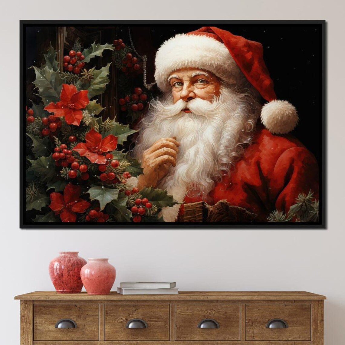 Vintage Santa Claus Portrait Poinsettia Holly Festive Christmas Poster