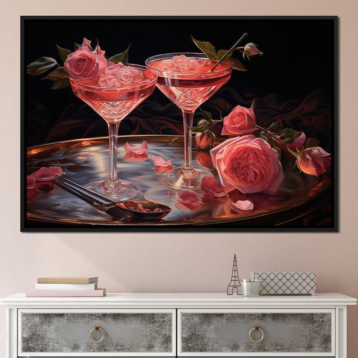 Pink Rose Cocktails Crystal Glasses Dark Moody Bar Wall Art Poster - Image 3