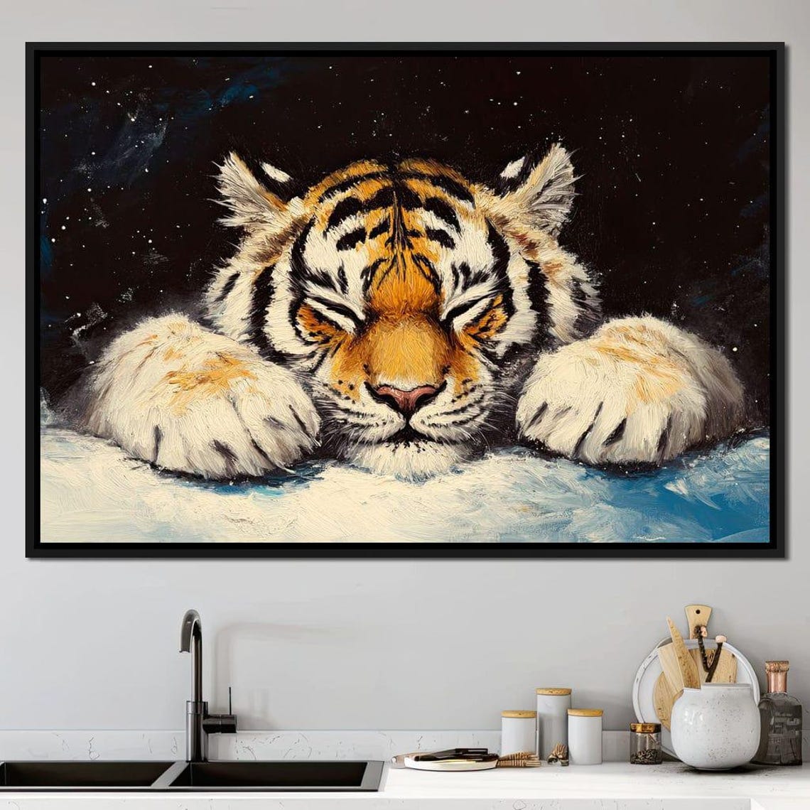 Sleeping Tiger Lying In Fresh Snow Under A Starry Night Poster - Image 3