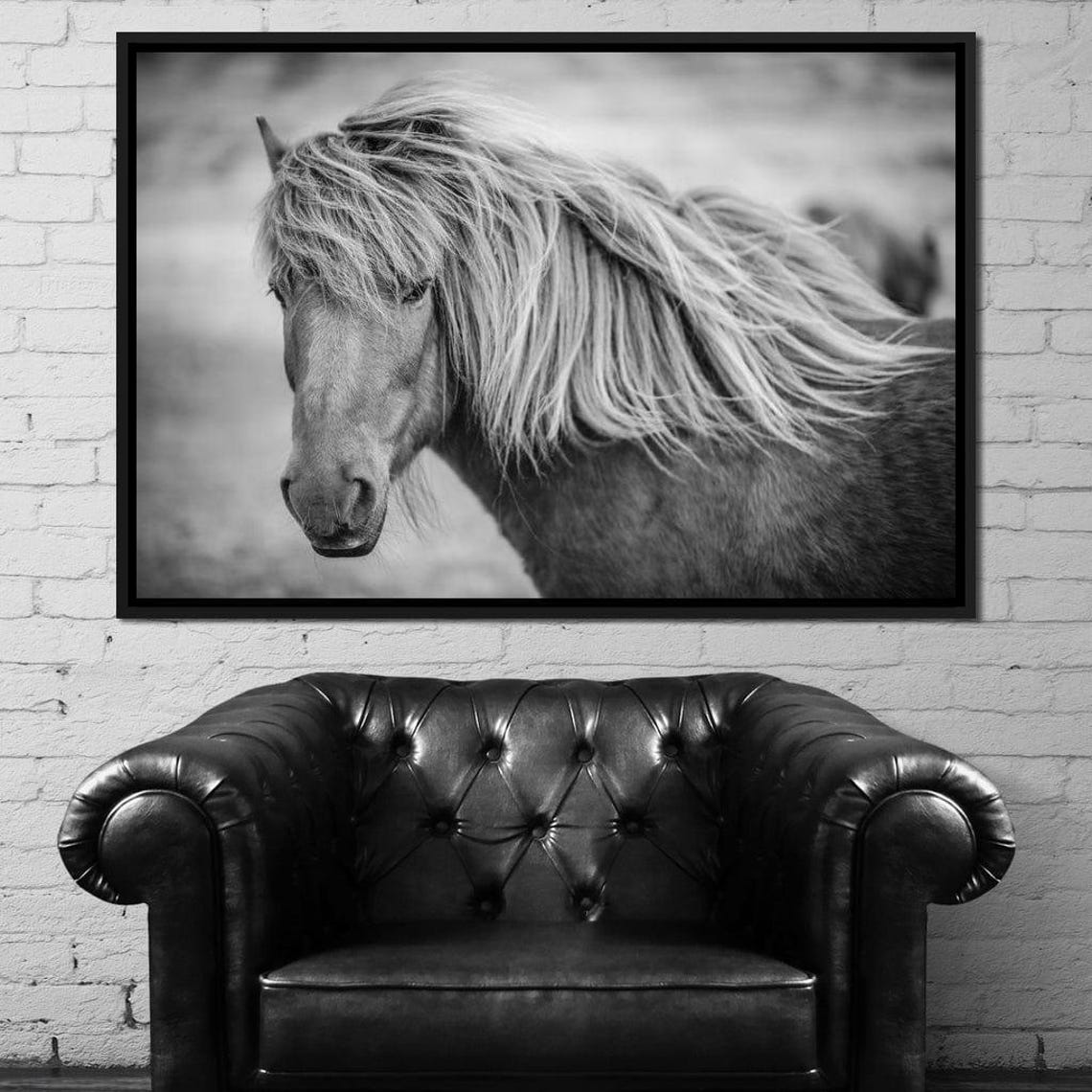 Icelandic Horse Black White Portrait Flowing Mane Equine Photo Poster - Image 2