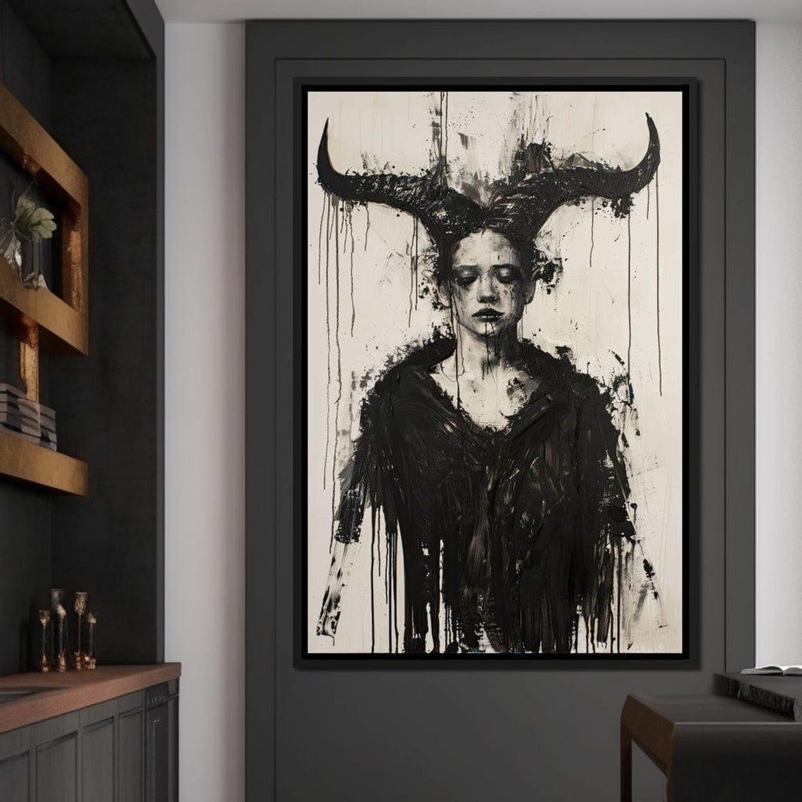 Gothic Horned Woman Ink Drip Monochrome Dark Fantasy Portrait Poster - Image 3