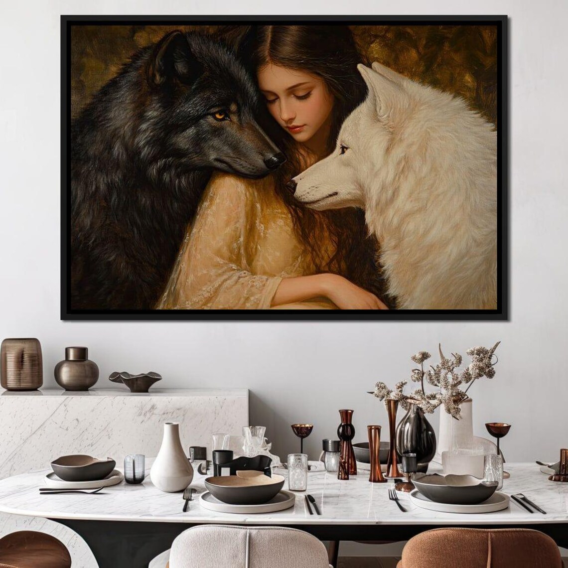 Girl with Black and White Wolves Tender Wildlife Portrait Art Print - Image 4