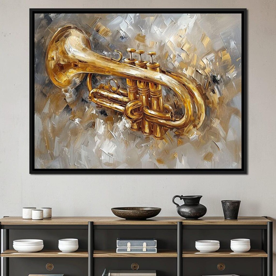 Golden Trumpet Brass Instrument Abstract Gray Background Music Art Poster - Image 3