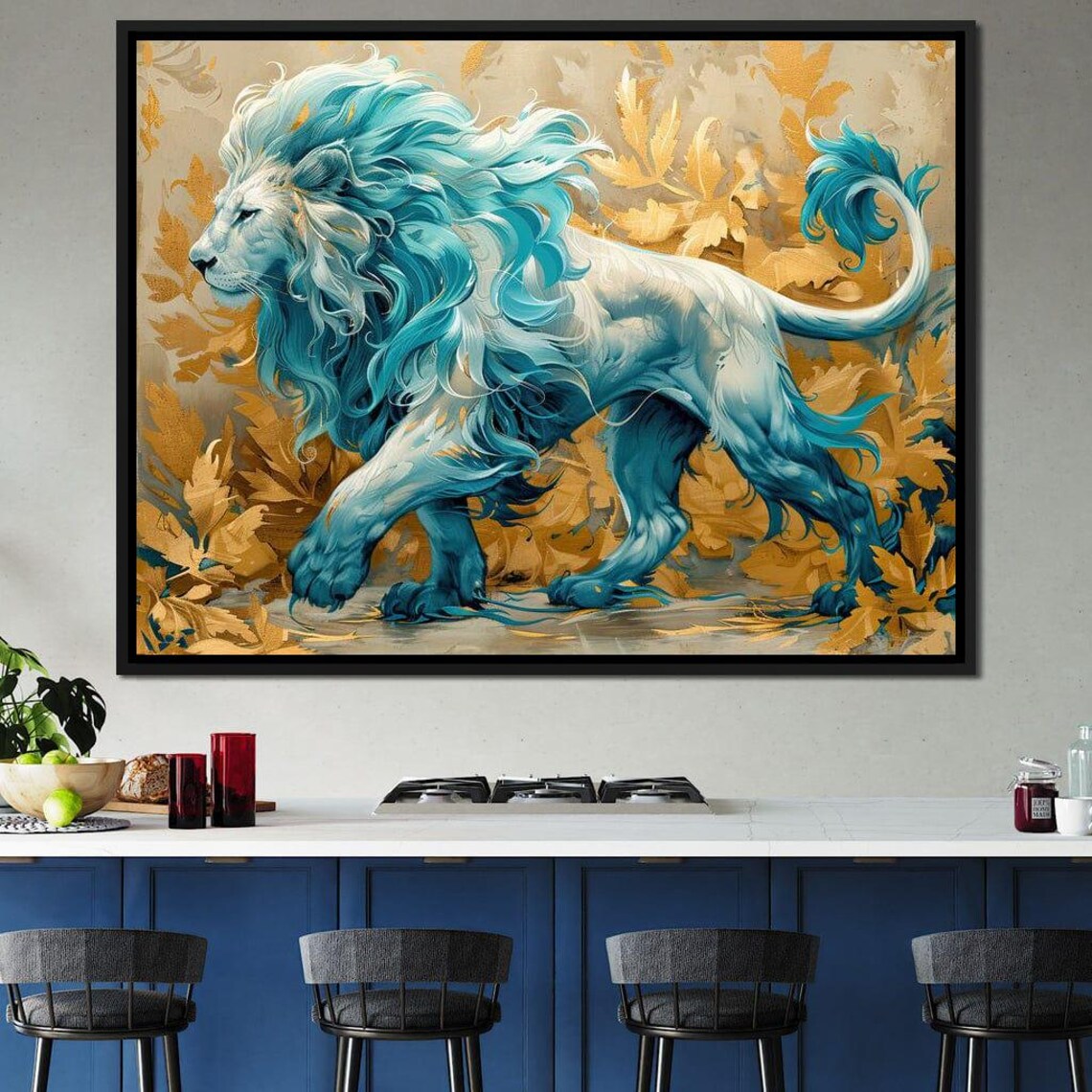 White Lion Turquoise Mane Majestic Big Cat Golden Leaves Art Poster