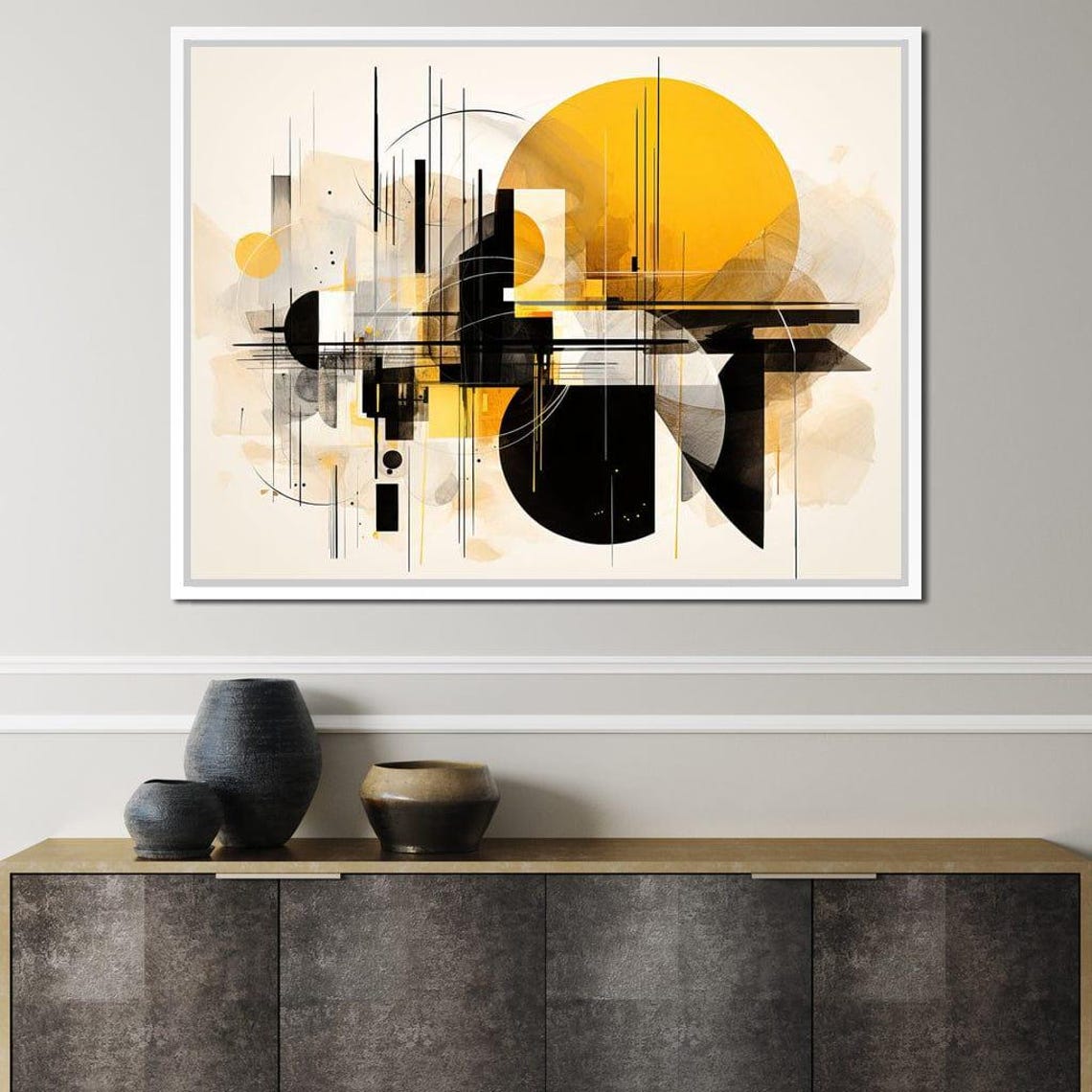 Urban Shadows In Abstract Forms Geometric Wall Art Modern Minimalist Decor Yellow And Black Print By Nichecanvas - Image 2