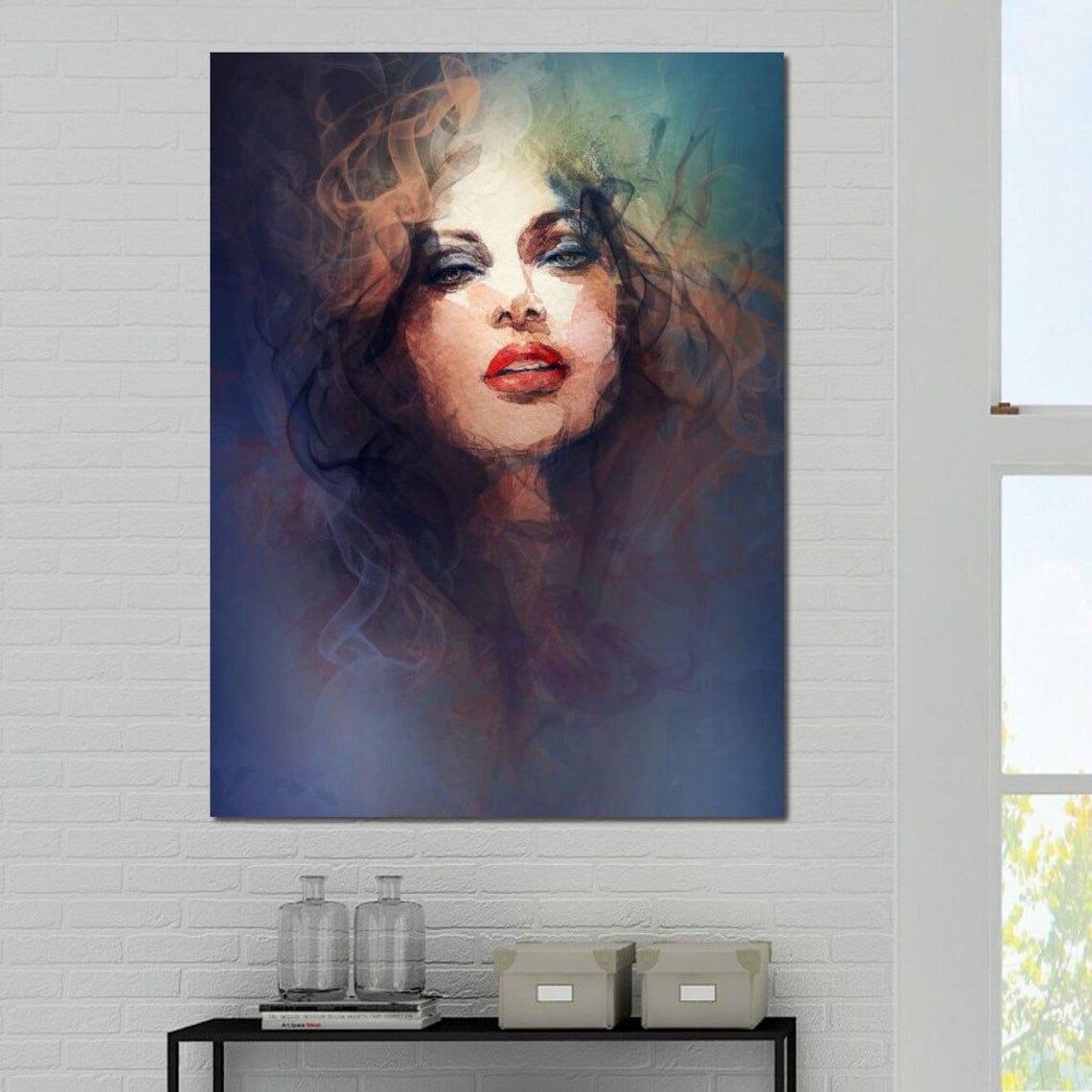 Mystical Smoke Veiled Woman Portrait Red Lips Watercolor Art Poster - Image 4