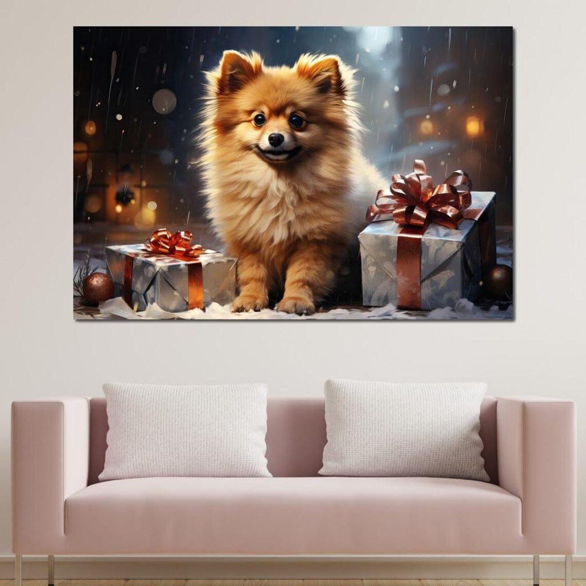 Pomeranian Puppy Christmas Gifts Snowy Night Festive Dog Art Print - Image 2