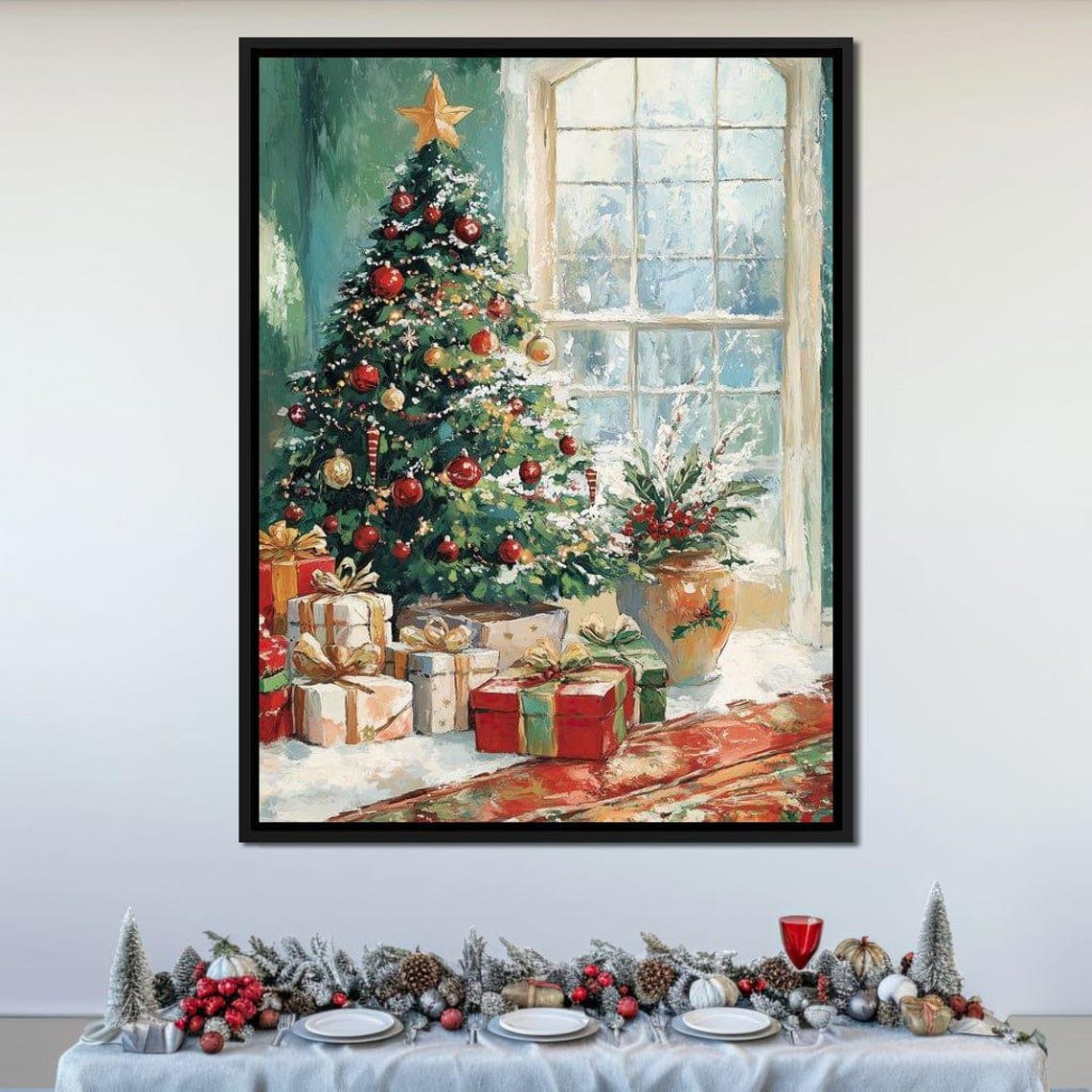 Snowy Christmas Tree By Window Presents Red Ornaments Poster