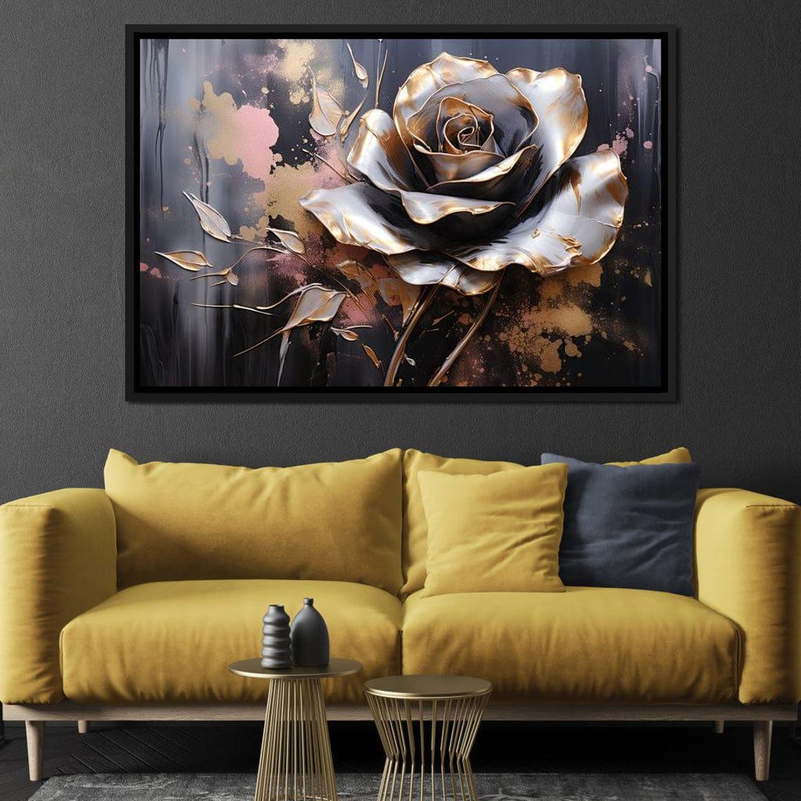 Metallic Gold Silver Rose Black Abstract 5 Panel Floral Wall Art - Image 3