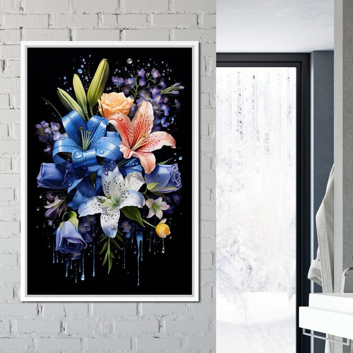 Blue and Orange Lily Bouquet with Water Drops on Black Floral Poster - Image 3